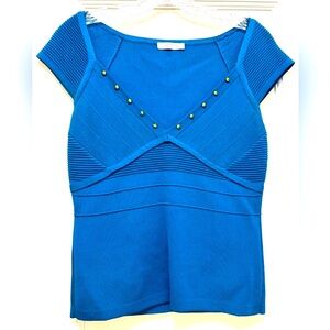 Vintage Versace, short sleeve blue studded knit top. Size small. Made in Italy.